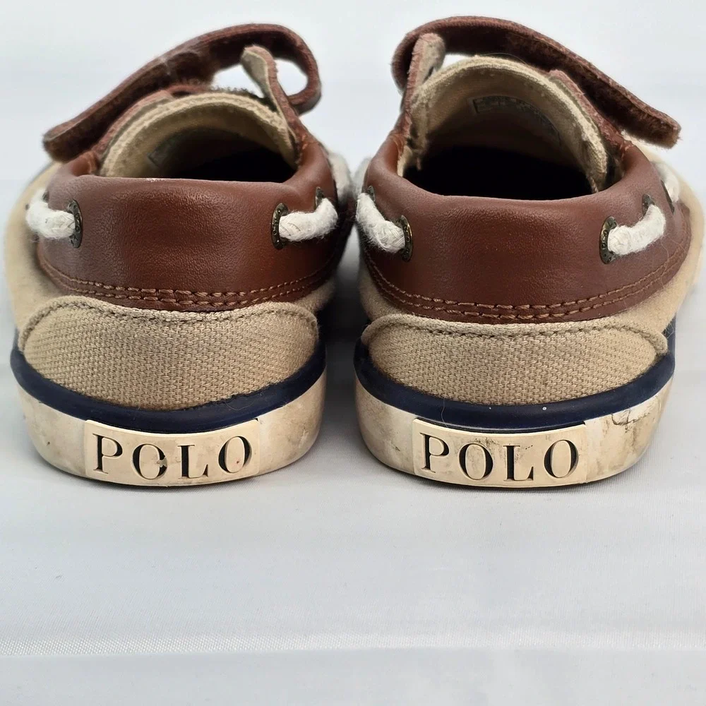 Polo Ralph‎ Lauren Lander EZ Toddler Boat Shoes Tan Canvas Brown Leather Size 9